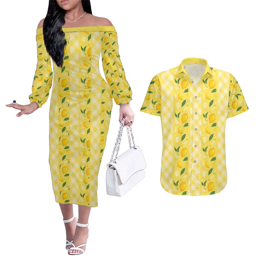 Hawaii Lemon Palaka Couples Matching Off The Shoulder Long Sleeve Dress and Hawaiian Shirt Striped Stylized