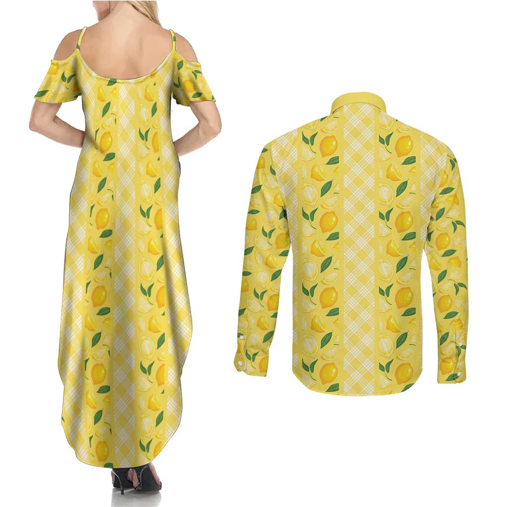 Hawaii Lemon Palaka Couples Matching Summer Maxi Dress and Long Sleeve Button Shirt Striped Stylized