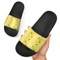 Hawaii Lemon Palaka Slide Sandals Striped Stylized