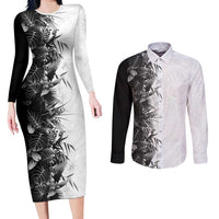 Hawaii Tropical Plant Monochrome Couples Matching Long Sleeve Bodycon Dress and Long Sleeve Button Shirt Vibrant Polynesian Pattern