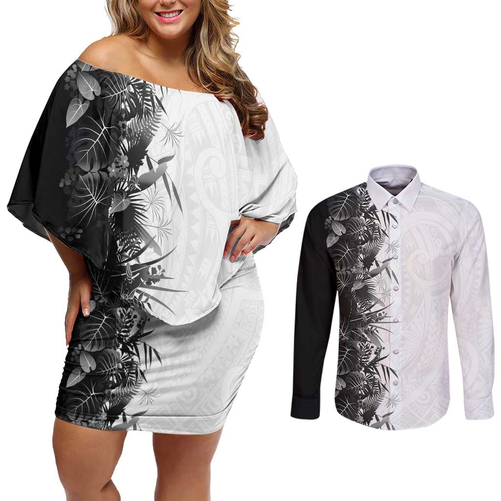 Hawaii Tropical Plant Monochrome Couples Matching Off Shoulder Short Dress and Long Sleeve Button Shirt Vibrant Polynesian Pattern