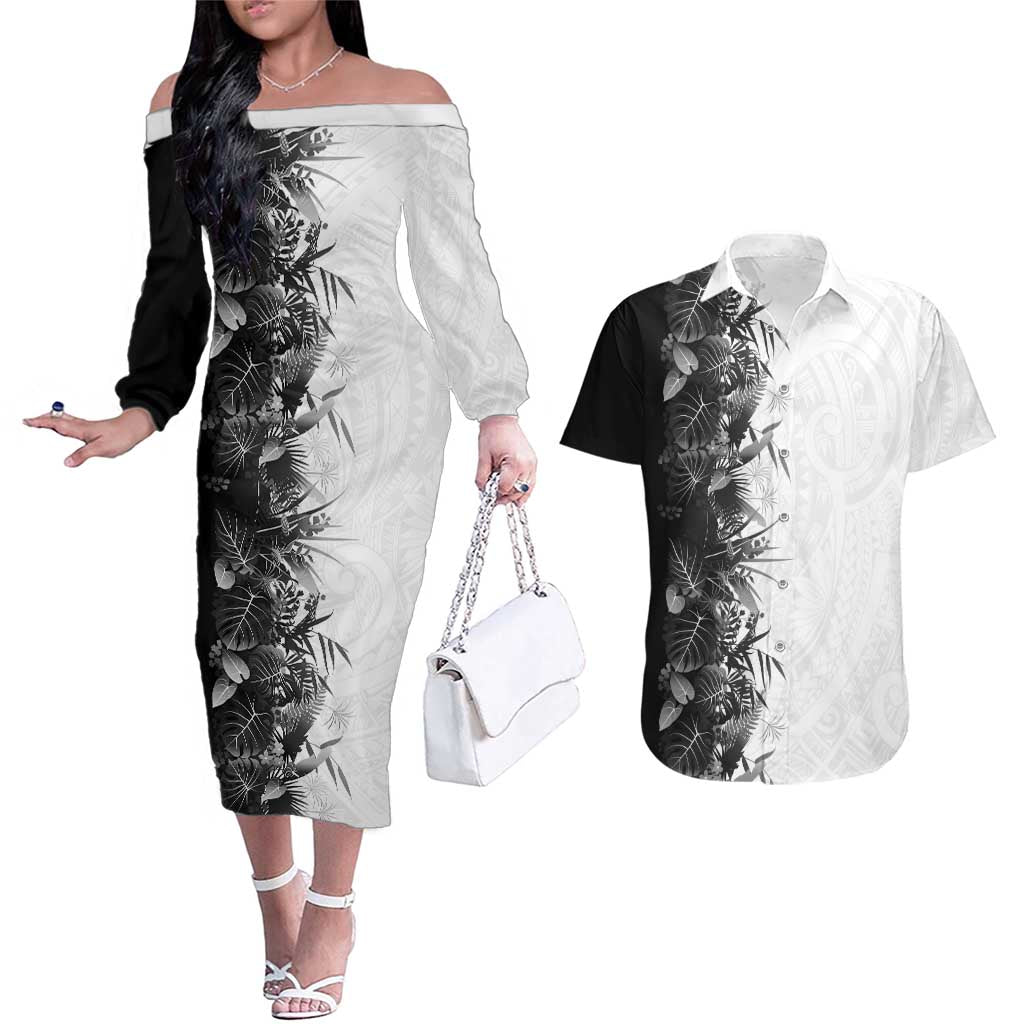 Hawaii Tropical Plant Monochrome Couples Matching Off The Shoulder Long Sleeve Dress and Hawaiian Shirt Vibrant Polynesian Pattern