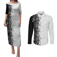 Hawaii Tropical Plant Monochrome Couples Matching Puletasi and Long Sleeve Button Shirt Vibrant Polynesian Pattern