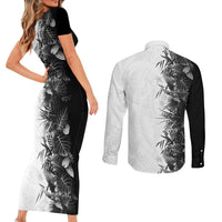 Hawaii Tropical Plant Monochrome Couples Matching Short Sleeve Bodycon Dress and Long Sleeve Button Shirt Vibrant Polynesian Pattern