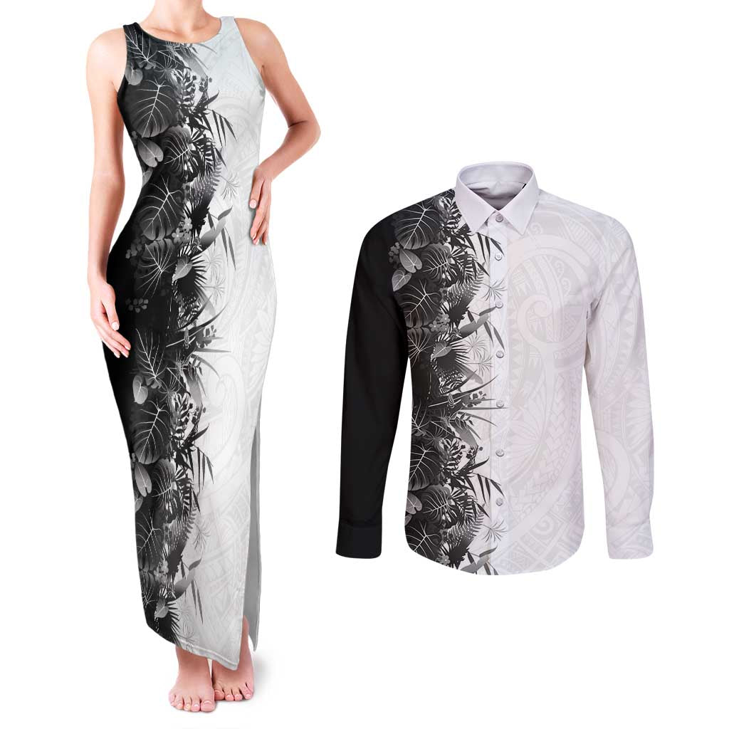 Hawaii Tropical Plant Monochrome Couples Matching Tank Maxi Dress and Long Sleeve Button Shirt Vibrant Polynesian Pattern
