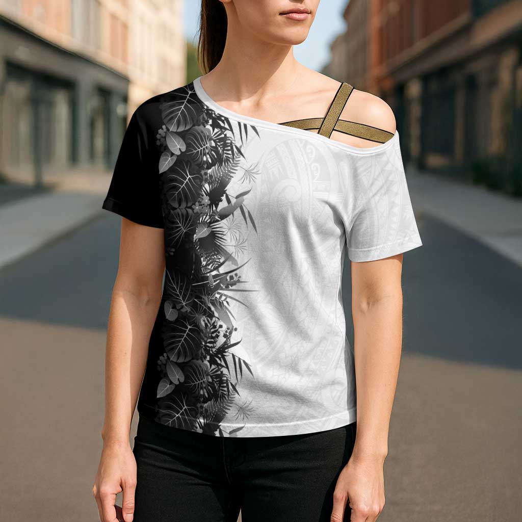 Hawaii Tropical Plant Monochrome Cross Shoulder Shirt Vibrant Polynesian Pattern