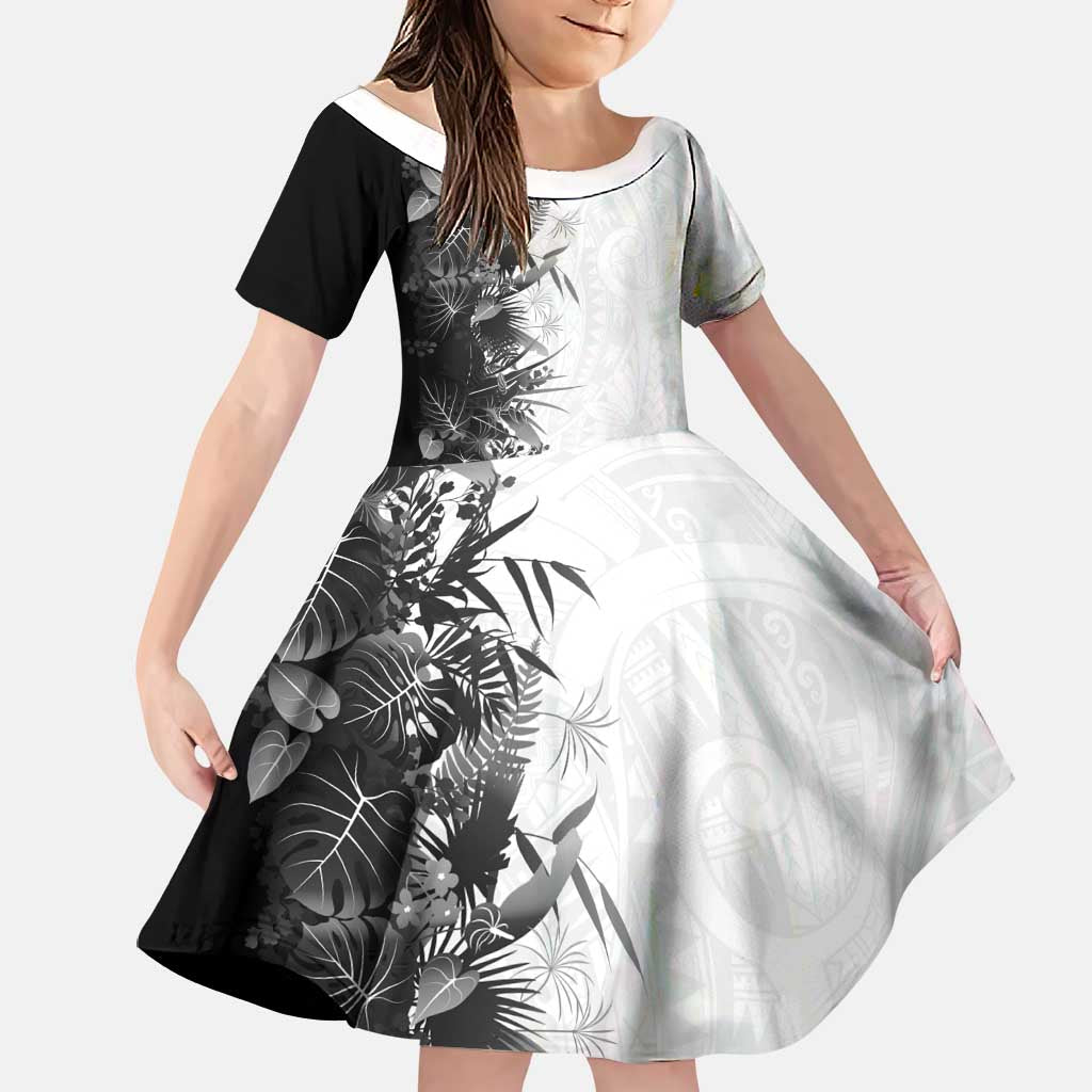 Hawaii Tropical Plant Monochrome Family Matching Off The Shoulder Long Sleeve Dress and Hawaiian Shirt Vibrant Polynesian Pattern LT01 Daughter's Dress Black - Polynesian Pride