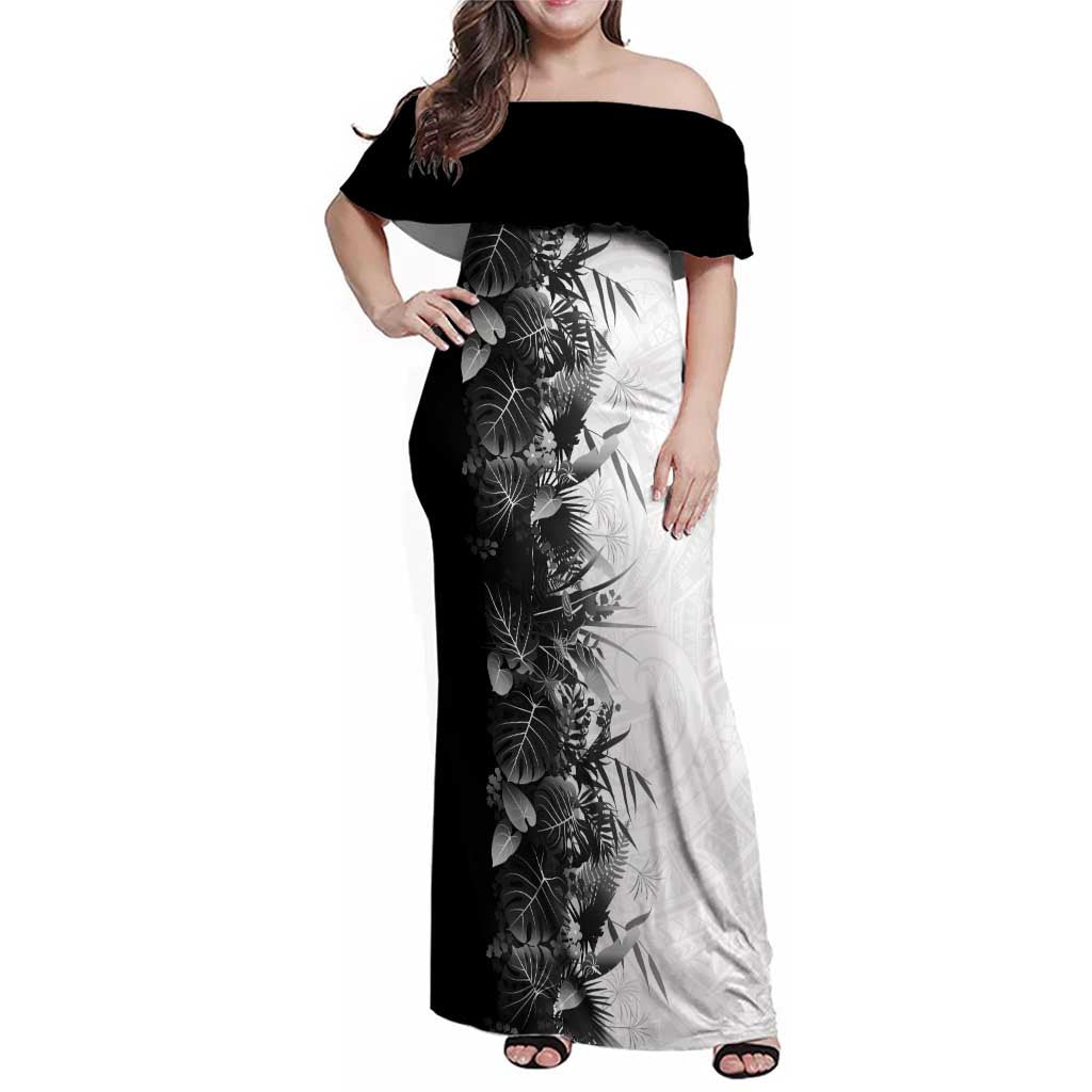 Hawaii Tropical Plant Monochrome Family Matching Off Shoulder Maxi Dress and Hawaiian Shirt Vibrant Polynesian Pattern