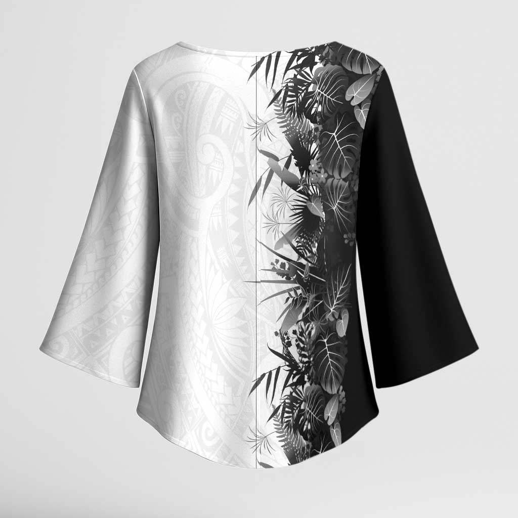 Hawaii Tropical Plant Monochrome Kimono Sleeve Blouse Vibrant Polynesian Pattern