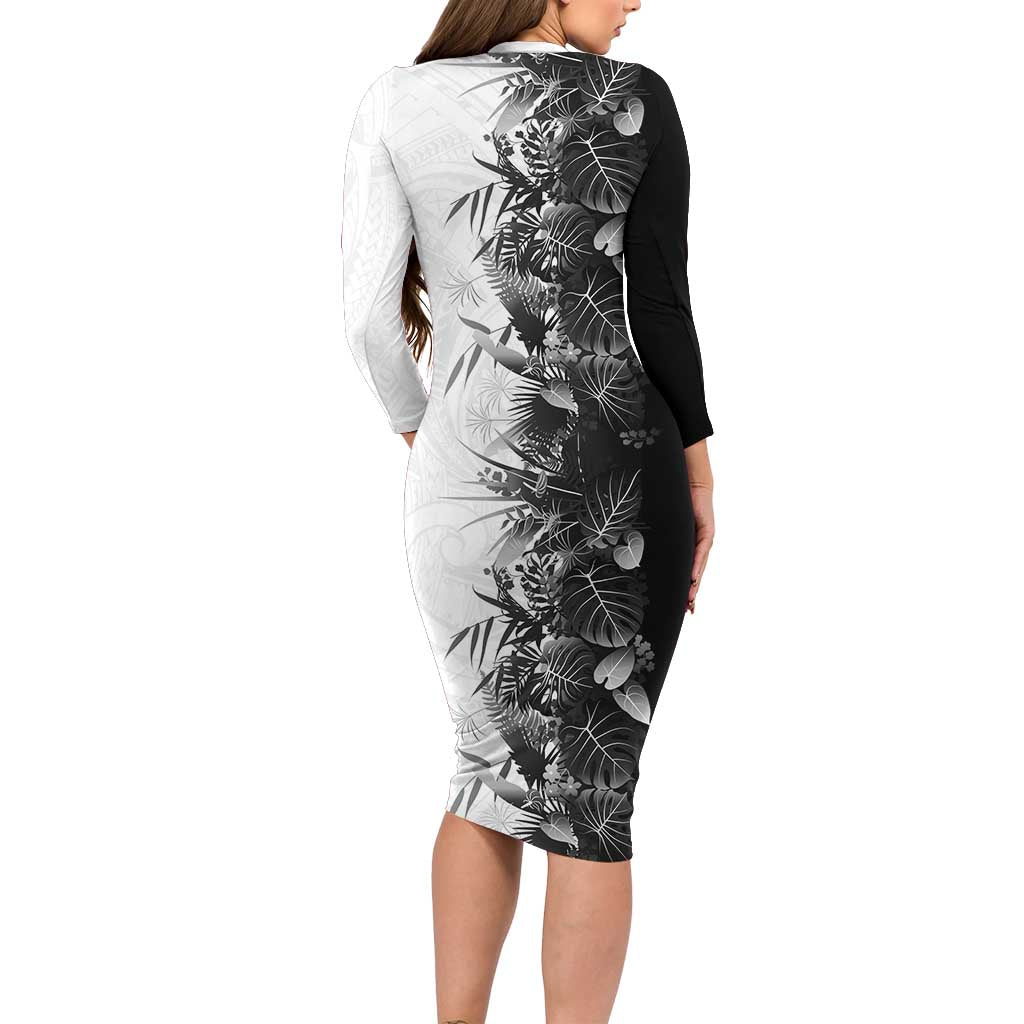 Hawaii Tropical Plant Monochrome Long Sleeve Bodycon Dress Vibrant Polynesian Pattern
