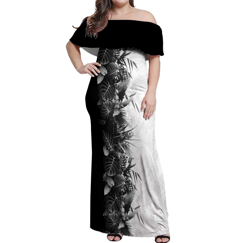 Hawaii Tropical Plant Monochrome Off Shoulder Maxi Dress Vibrant Polynesian Pattern