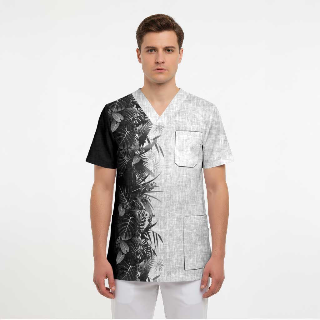 Hawaii Tropical Plant Monochrome Scrub Top Vibrant Polynesian Pattern