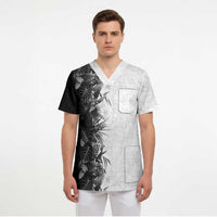 Hawaii Tropical Plant Monochrome Scrub Top Vibrant Polynesian Pattern