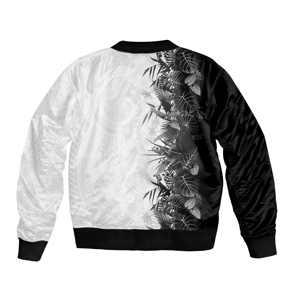 Hawaii Tropical Plant Monochrome Sleeve Zip Bomber Jacket Vibrant Polynesian Pattern