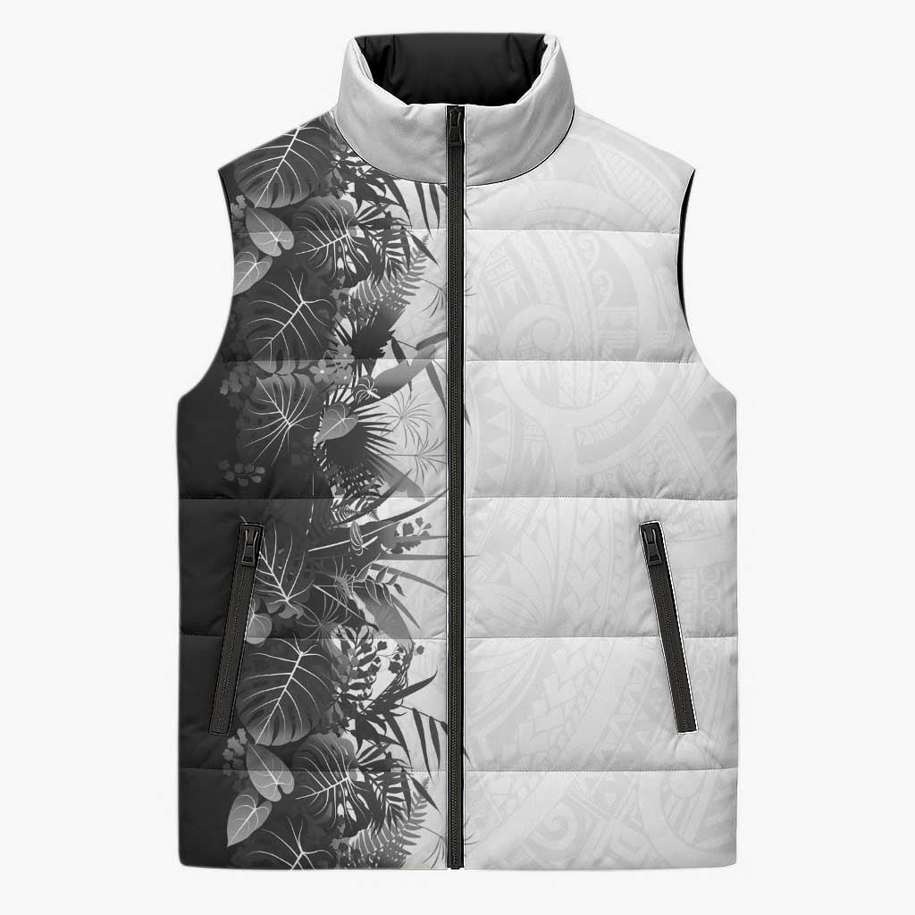 Hawaii Tropical Plant Monochrome Sleeveless Puffer Jacket Vibrant Polynesian Pattern