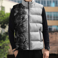Hawaii Tropical Plant Monochrome Sleeveless Puffer Jacket Vibrant Polynesian Pattern