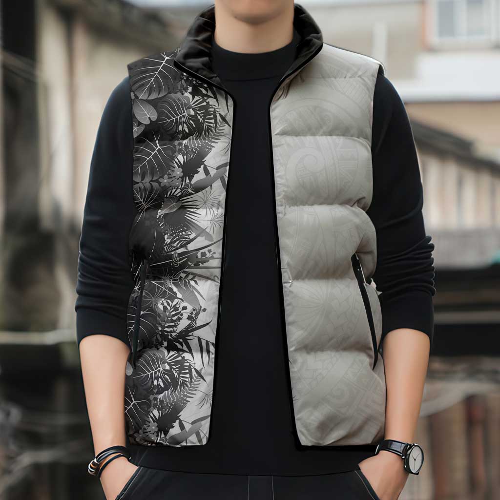 Hawaii Tropical Plant Monochrome Sleeveless Puffer Jacket Vibrant Polynesian Pattern