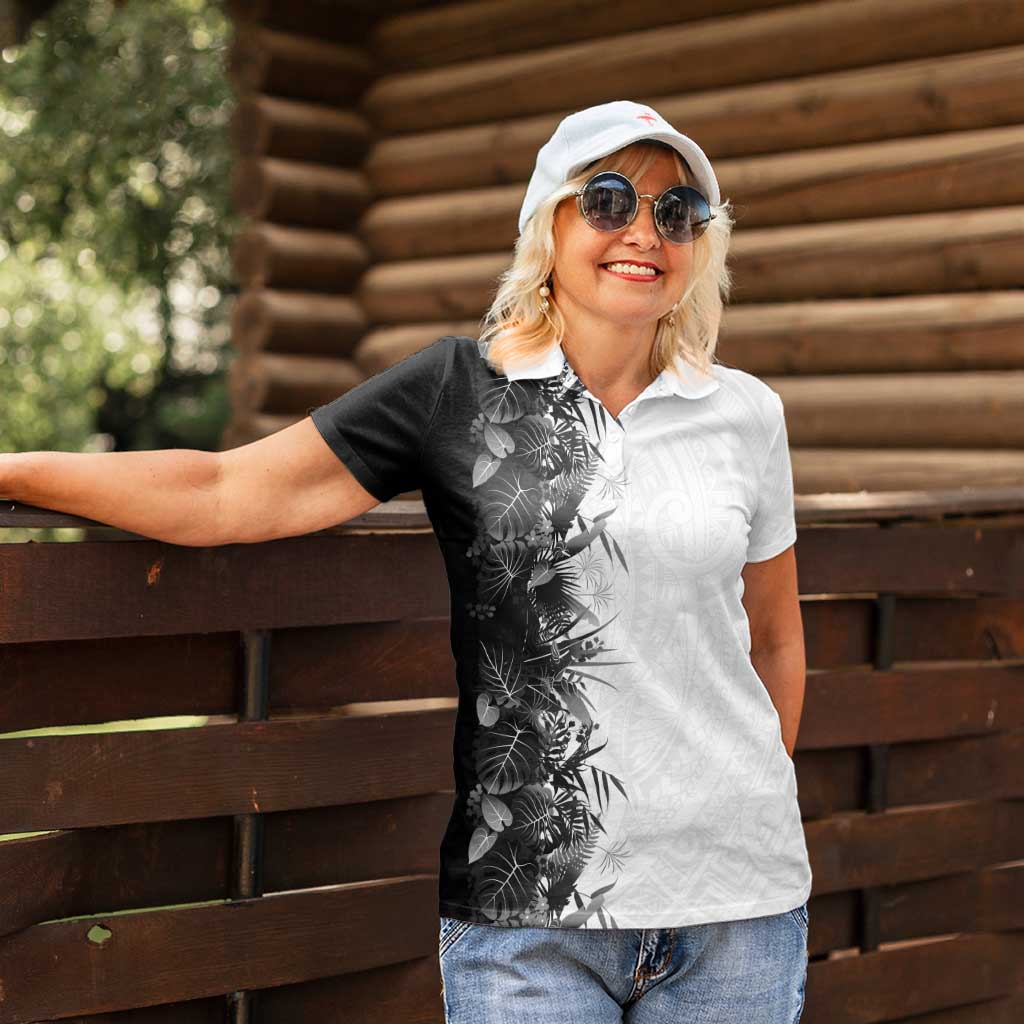 Hawaii Tropical Plant Monochrome Women Polo Shirt Vibrant Polynesian Pattern