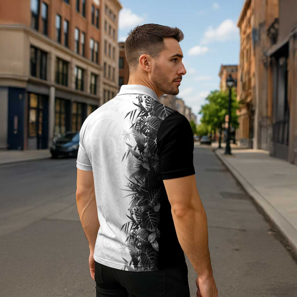 Hawaii Tropical Plant Monochrome Zipper Polo Shirt Vibrant Polynesian Pattern