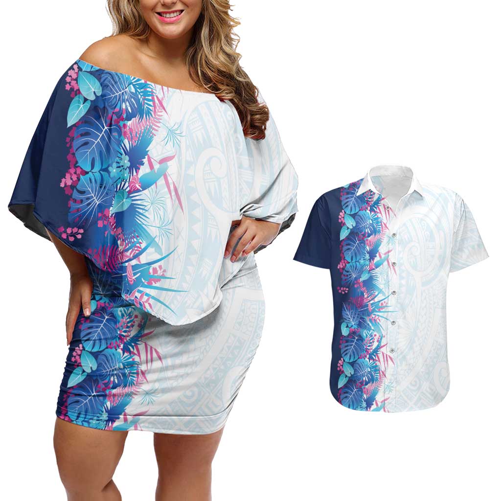 Hawaii Tropical Plant UliUli Couples Matching Off Shoulder Short Dress and Hawaiian Shirt Vibrant Polynesian Pattern