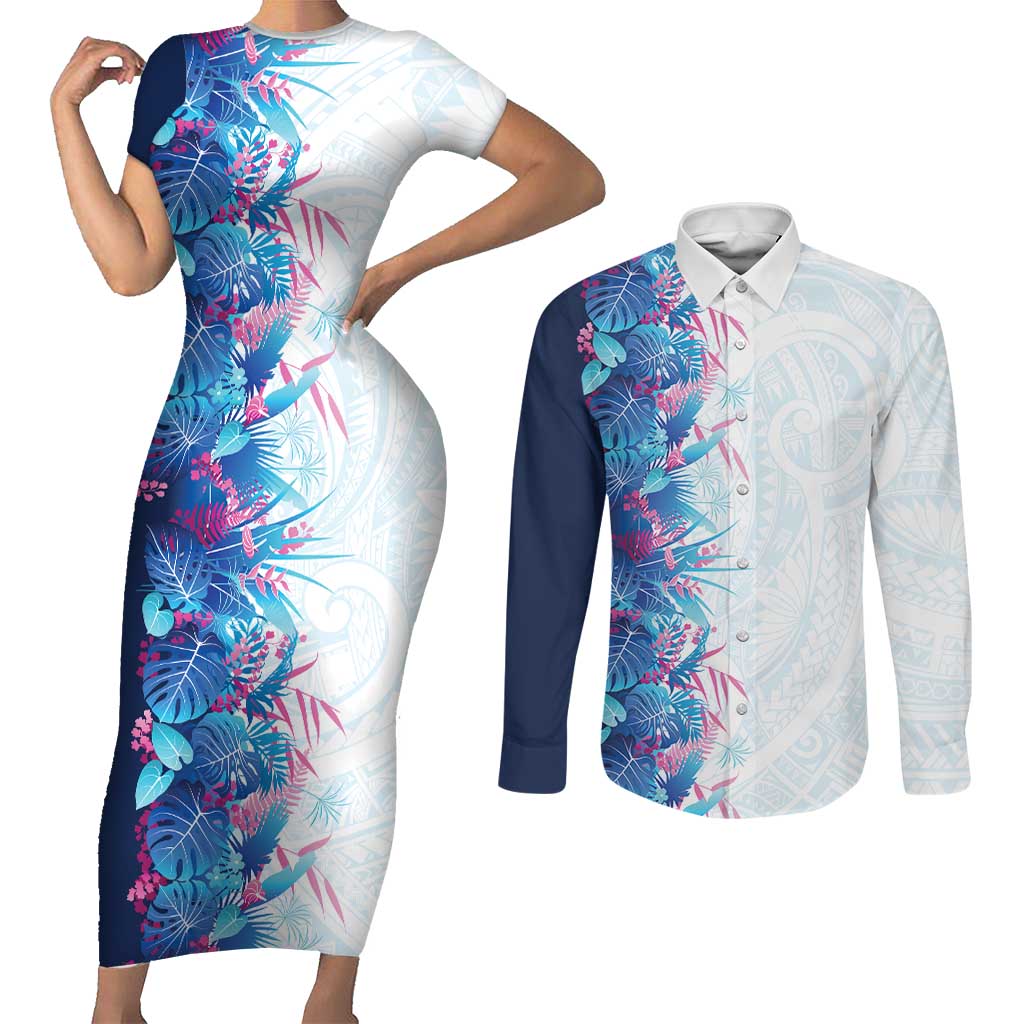 Hawaii Tropical Plant UliUli Couples Matching Short Sleeve Bodycon Dress and Long Sleeve Button Shirt Vibrant Polynesian Pattern