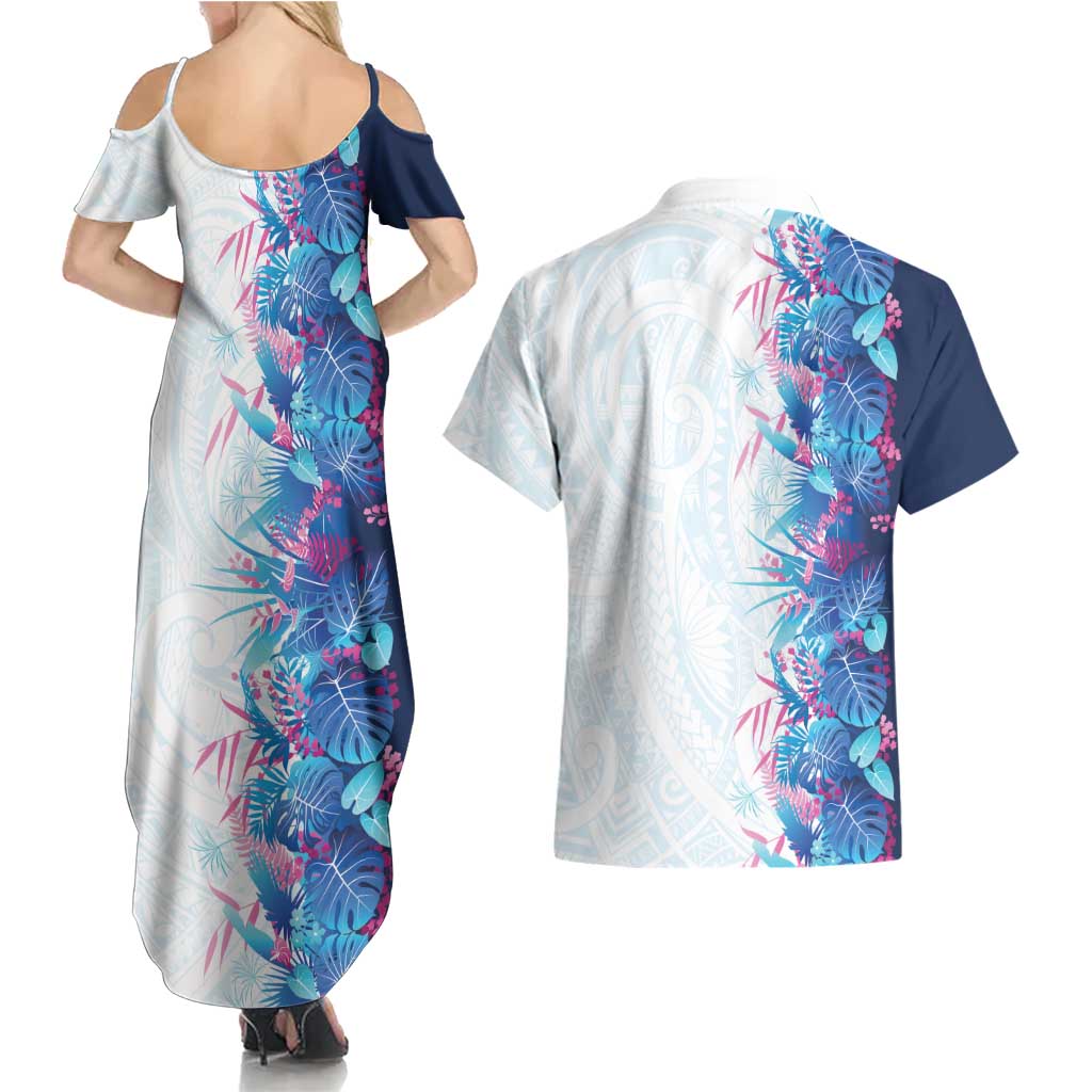 Hawaii Tropical Plant UliUli Couples Matching Summer Maxi Dress and Hawaiian Shirt Vibrant Polynesian Pattern