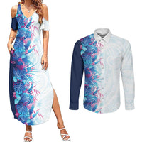 Hawaii Tropical Plant UliUli Couples Matching Summer Maxi Dress and Long Sleeve Button Shirt Vibrant Polynesian Pattern
