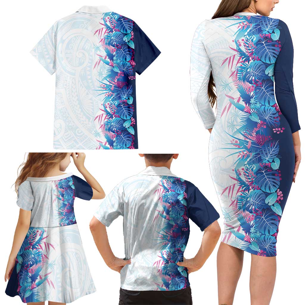 Hawaii Tropical Plant UliUli Family Matching Long Sleeve Bodycon Dress and Hawaiian Shirt Vibrant Polynesian Pattern