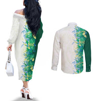 Hawaii Tropical Plant Omaomao Couples Matching Off The Shoulder Long Sleeve Dress and Long Sleeve Button Shirt Vibrant Polynesian Pattern