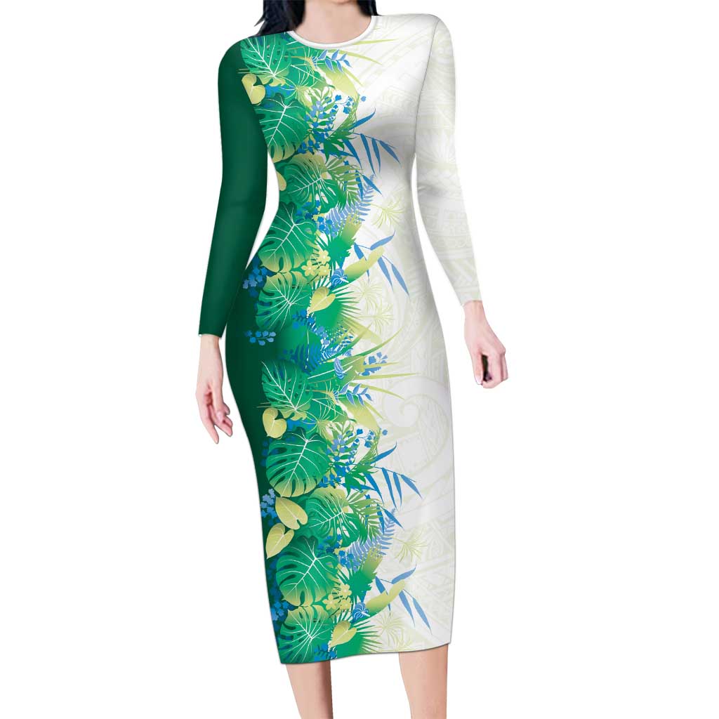 Hawaii Tropical Plant Omaomao Family Matching Long Sleeve Bodycon Dress and Hawaiian Shirt Vibrant Polynesian Pattern LT01 Mom's Dress Green - Polynesian Pride