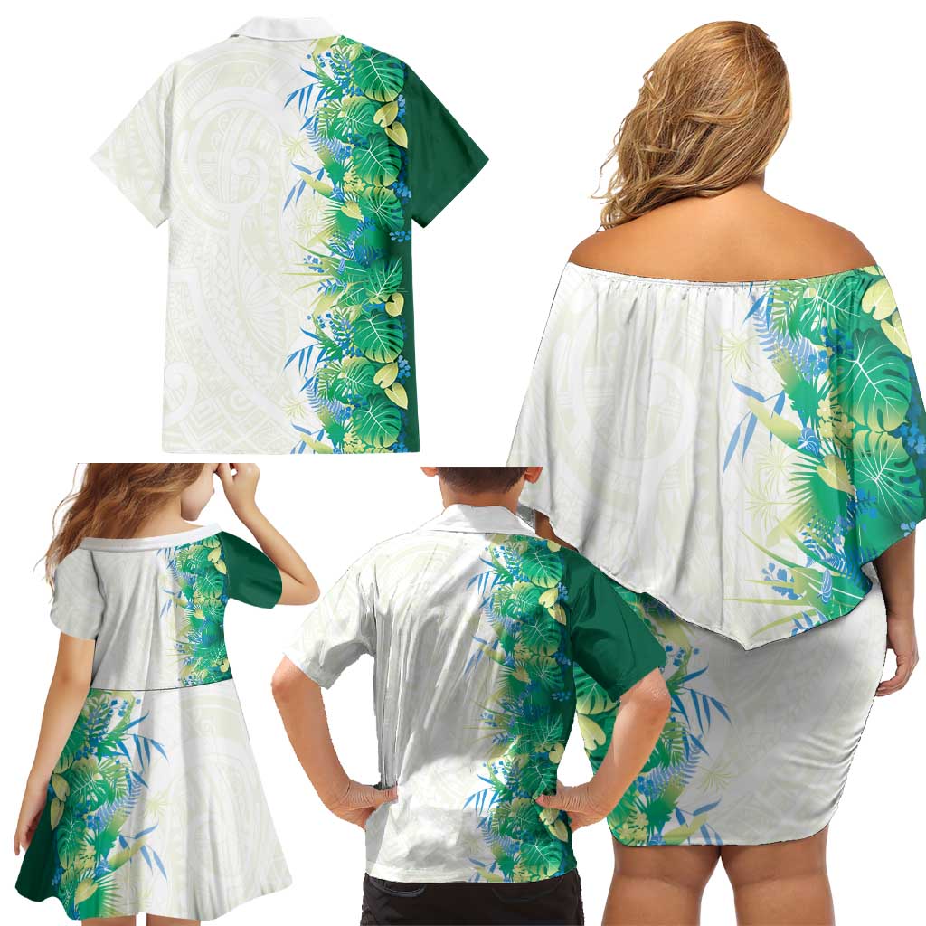 Hawaii Tropical Plant Omaomao Family Matching Off Shoulder Short Dress and Hawaiian Shirt Vibrant Polynesian Pattern