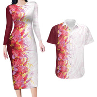 Hawaii Tropical Plant Akala Couples Matching Long Sleeve Bodycon Dress and Hawaiian Shirt Vibrant Polynesian Pattern