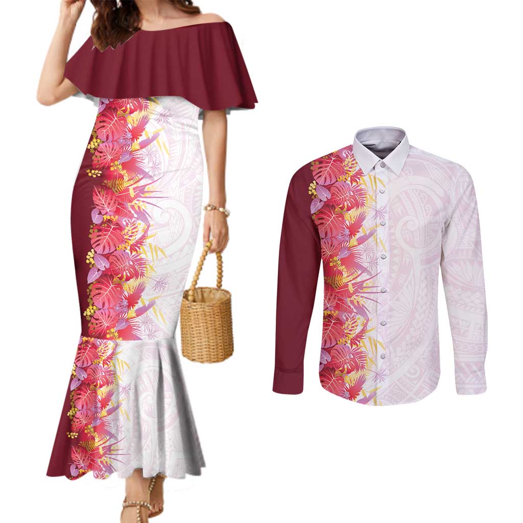 Hawaii Tropical Plant Akala Couples Matching Mermaid Dress and Long Sleeve Button Shirt Vibrant Polynesian Pattern