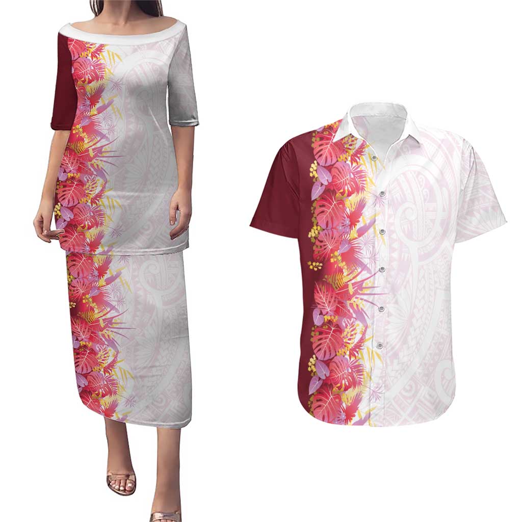 Hawaii Tropical Plant Akala Couples Matching Puletasi and Hawaiian Shirt Vibrant Polynesian Pattern