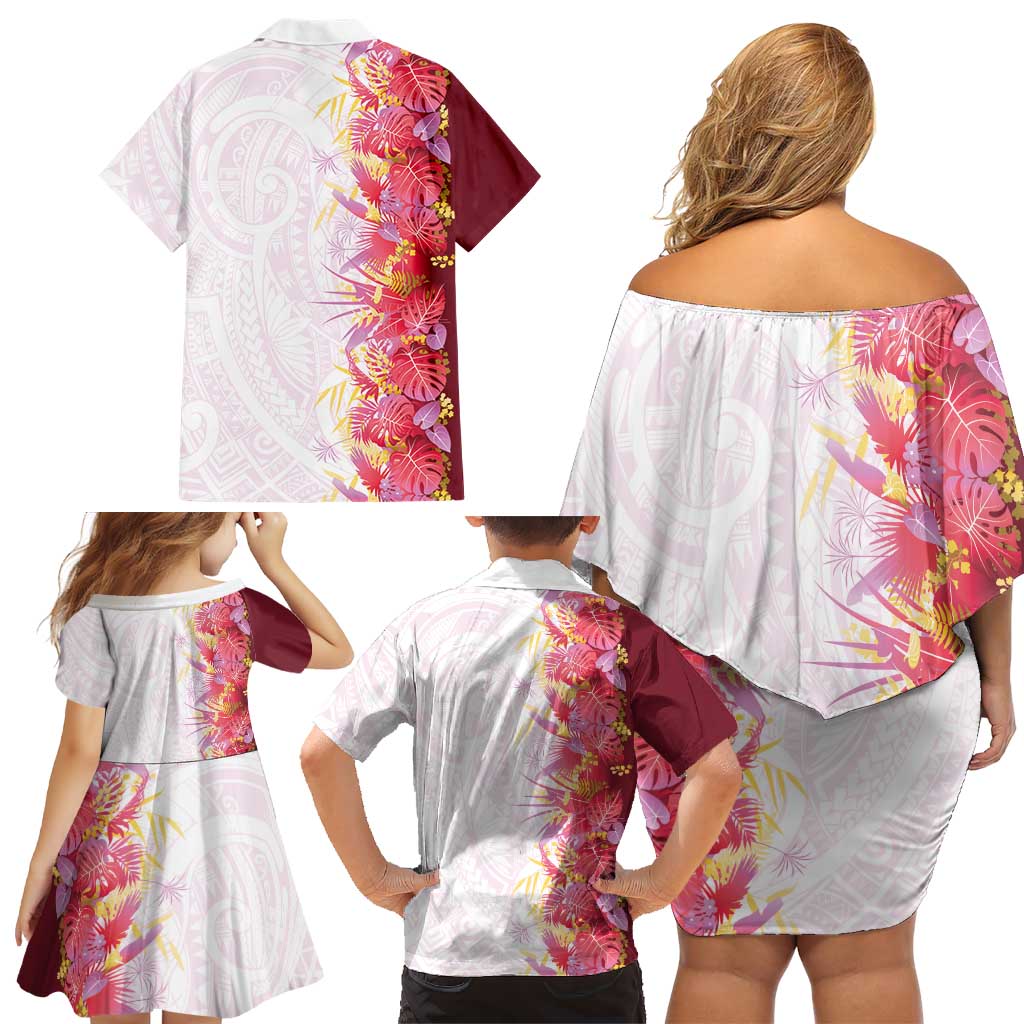 Hawaii Tropical Plant Akala Family Matching Off Shoulder Short Dress and Hawaiian Shirt Vibrant Polynesian Pattern