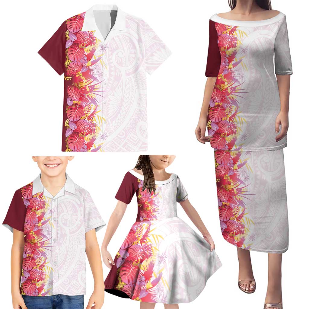 Hawaii Tropical Plant Akala Family Matching Puletasi and Hawaiian Shirt Vibrant Polynesian Pattern