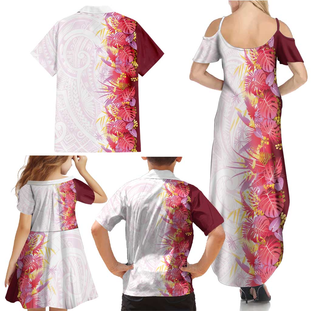 Hawaii Tropical Plant Akala Family Matching Summer Maxi Dress and Hawaiian Shirt Vibrant Polynesian Pattern