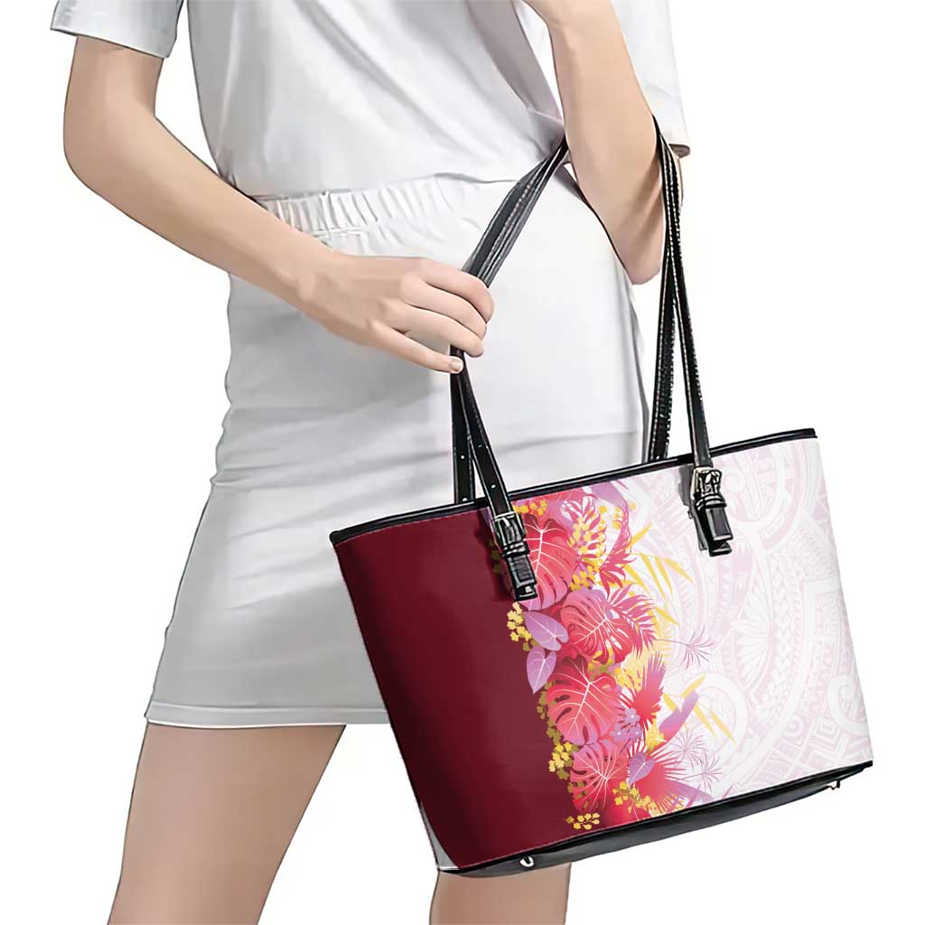 Hawaii Tropical Plant Akala Leather Tote Bag Vibrant Polynesian Pattern