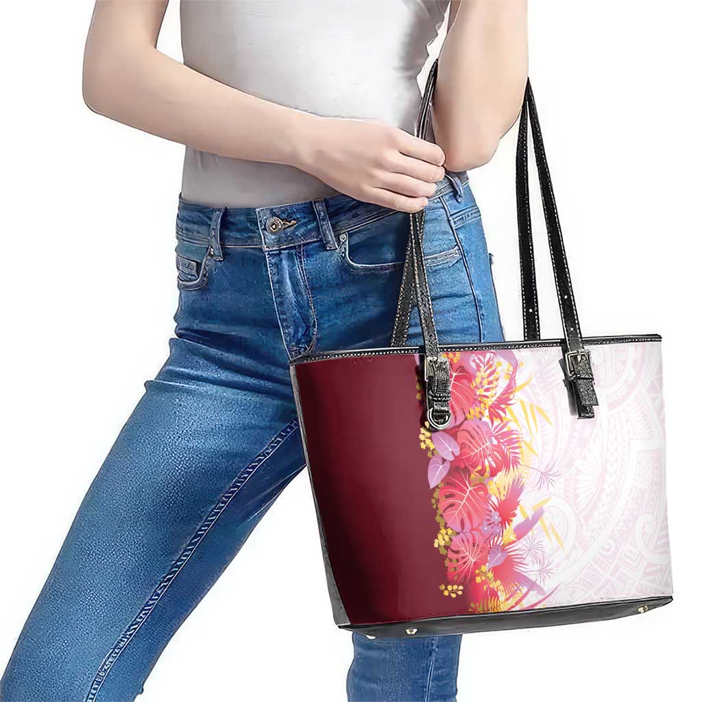 Hawaii Tropical Plant Akala Leather Tote Bag Vibrant Polynesian Pattern