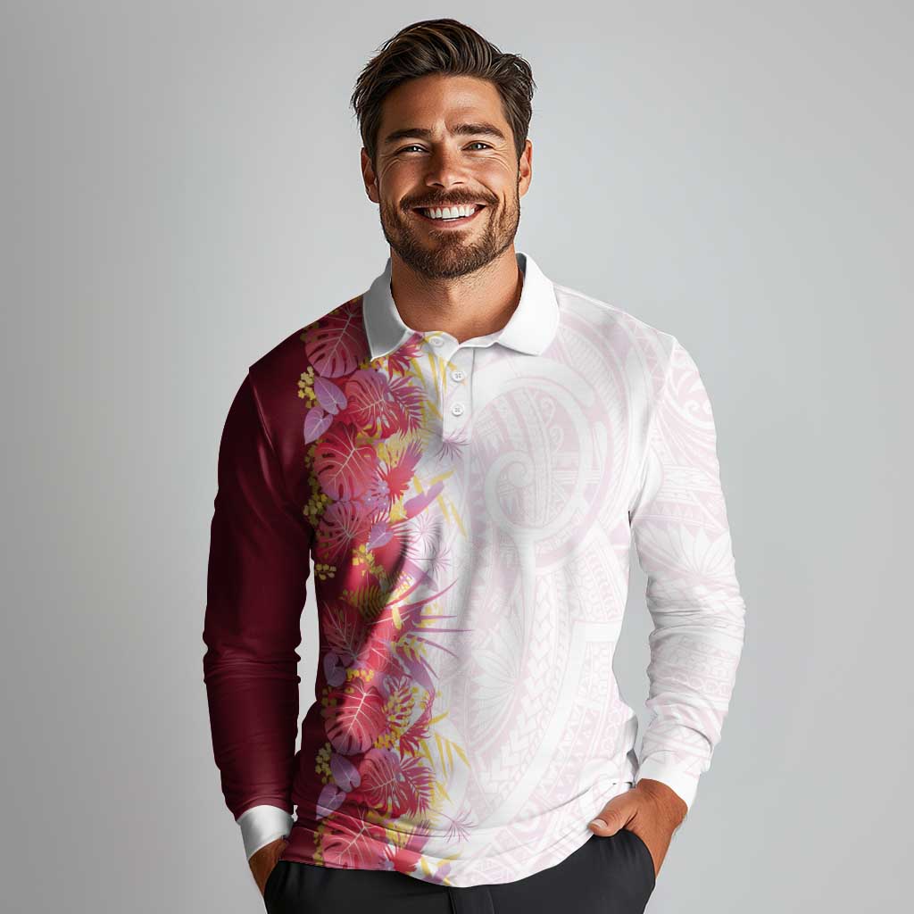 Hawaii Tropical Plant Akala Long Sleeve Polo Shirt Vibrant Polynesian Pattern