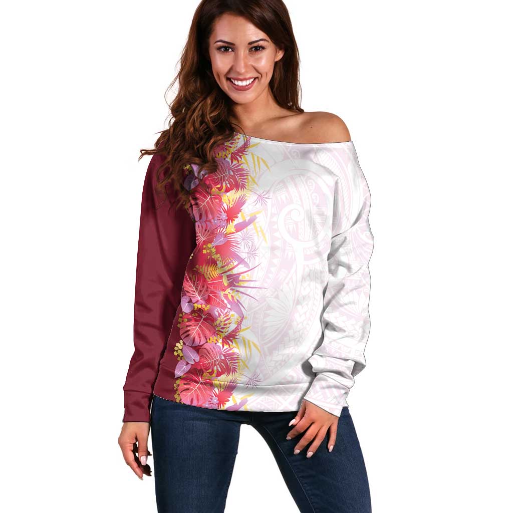 Hawaii Tropical Plant Akala Off Shoulder Sweater Vibrant Polynesian Pattern