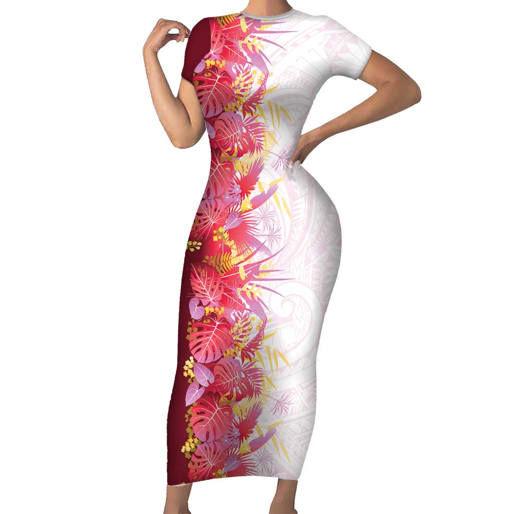 Hawaii Tropical Plant Akala Short Sleeve Bodycon Dress Vibrant Polynesian Pattern