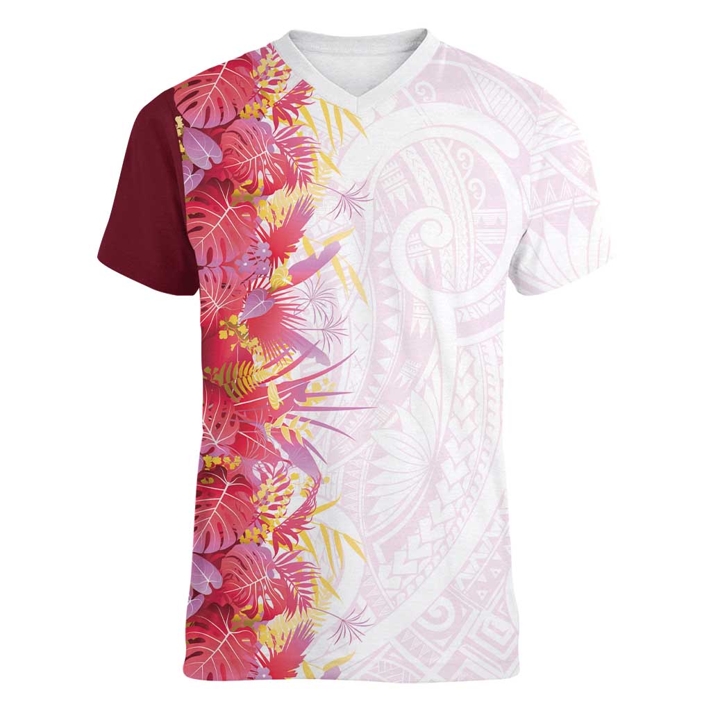 Hawaii Tropical Plant Akala Women V-Neck T-Shirt Vibrant Polynesian Pattern