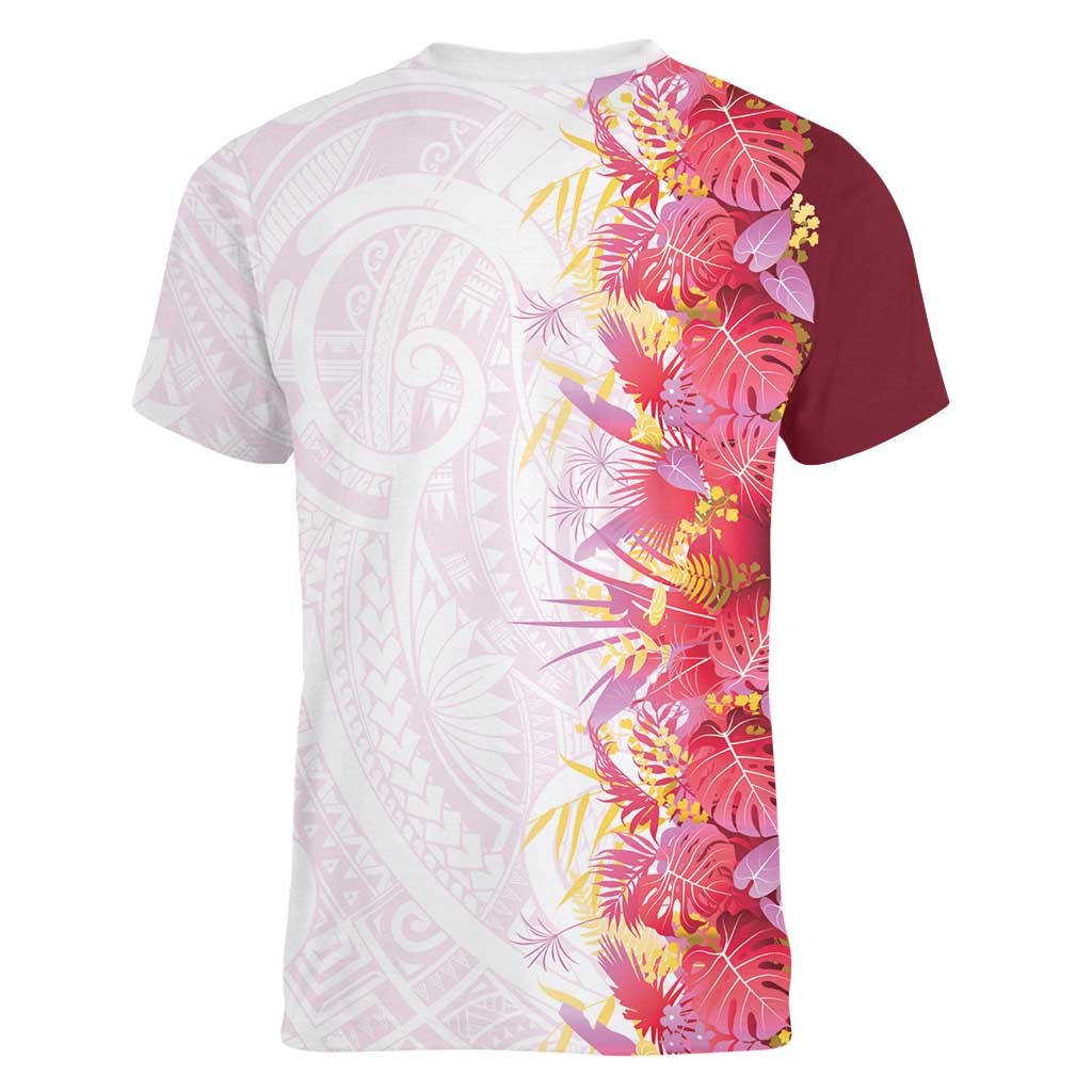 Hawaii Tropical Plant Akala Women V-Neck T-Shirt Vibrant Polynesian Pattern