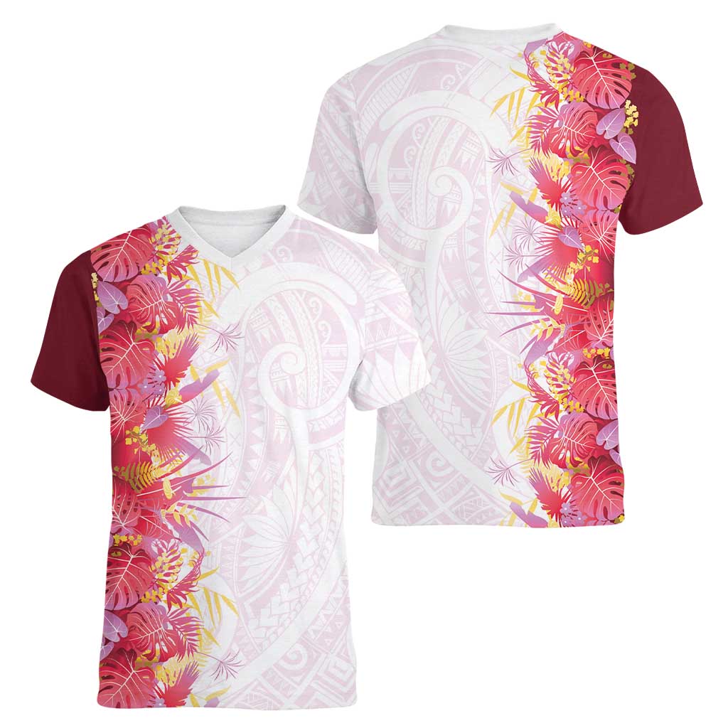 Hawaii Tropical Plant Akala Women V-Neck T-Shirt Vibrant Polynesian Pattern
