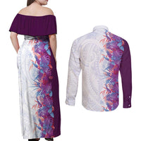 Hawaii Tropical Plant Poni Couples Matching Off Shoulder Maxi Dress and Long Sleeve Button Shirt Vibrant Polynesian Pattern