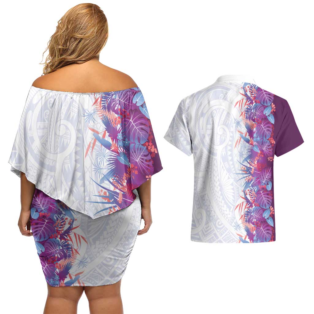 Hawaii Tropical Plant Poni Couples Matching Off Shoulder Short Dress and Hawaiian Shirt Vibrant Polynesian Pattern