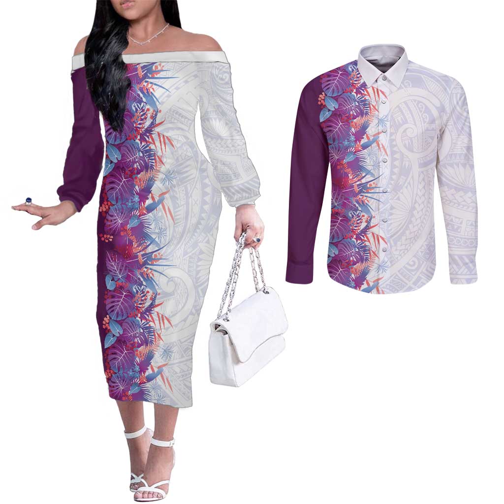Hawaii Tropical Plant Poni Couples Matching Off The Shoulder Long Sleeve Dress and Long Sleeve Button Shirt Vibrant Polynesian Pattern