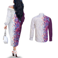 Hawaii Tropical Plant Poni Couples Matching Off The Shoulder Long Sleeve Dress and Long Sleeve Button Shirt Vibrant Polynesian Pattern