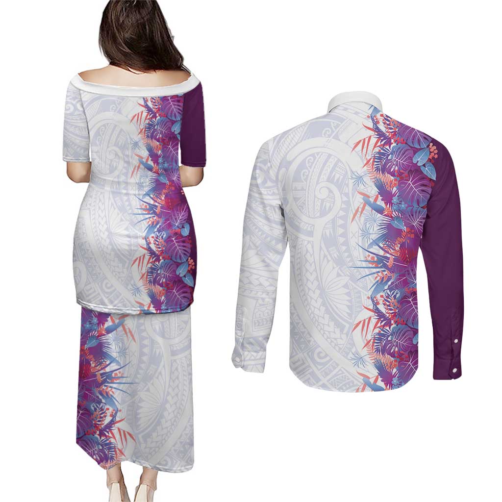 Hawaii Tropical Plant Poni Couples Matching Puletasi and Long Sleeve Button Shirt Vibrant Polynesian Pattern